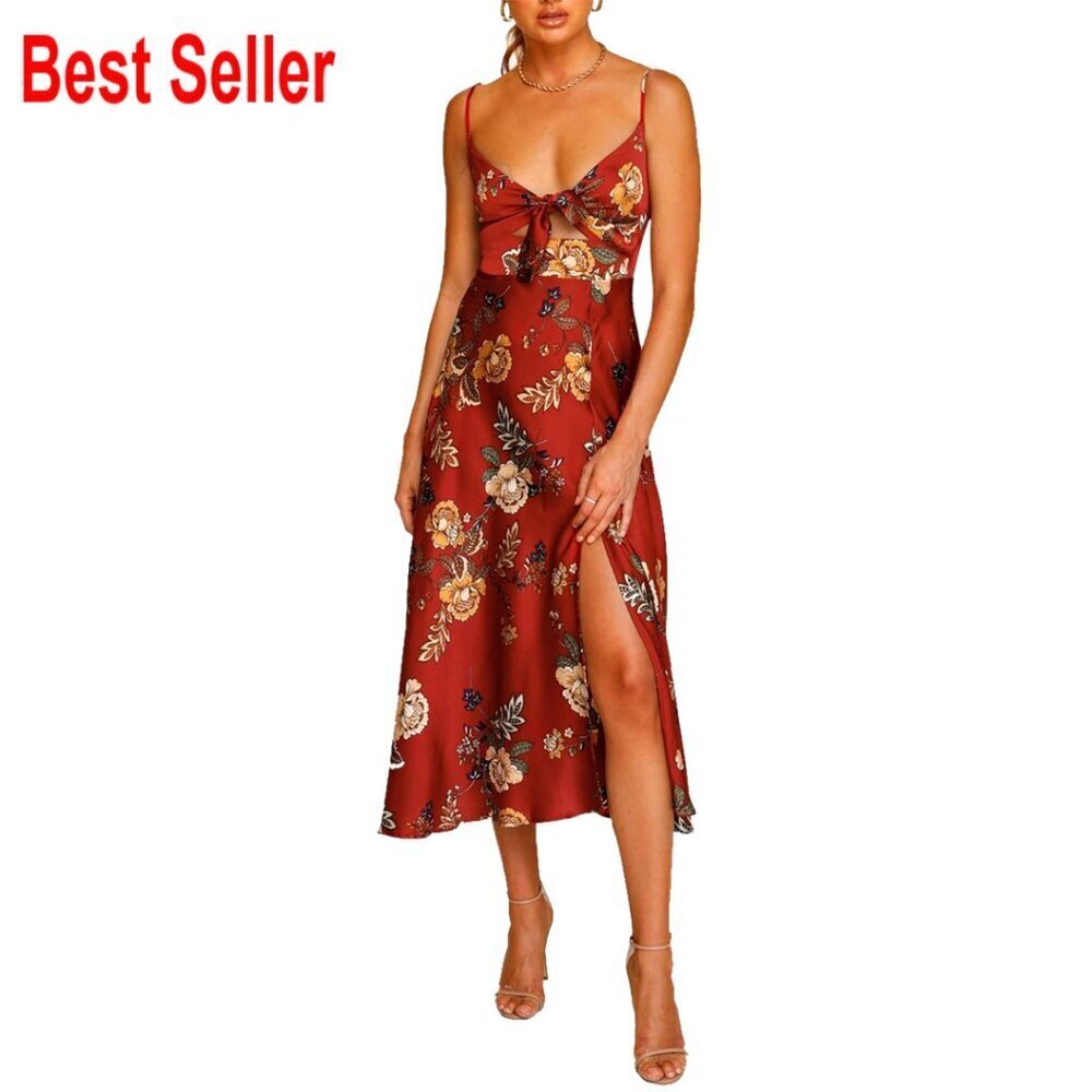 Spaghetti Strap Satin Midi Dress Backless Tie Front Slit Flowy Formal Casual